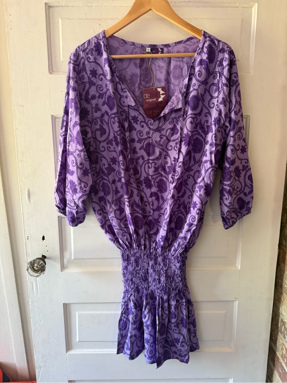 DeBali Purple Batik Smocked Waist Tunic Dress